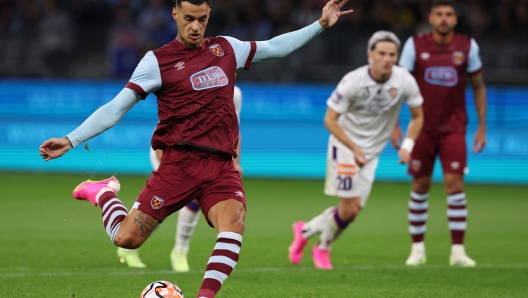 PERTH, AUSTRALIA - JULY 15: Gianluca Scamacca of West Ham takes a penalty kick during the match between Perth Glory and West Ham United at Optus Stadium on July 15, 2023 in Perth, Australia. (Photo by Will Russell/Getty Images)