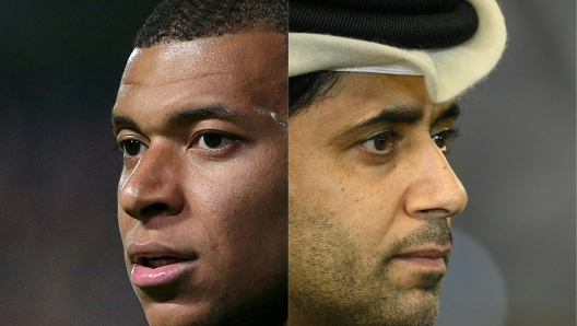 (COMBO) This combination of pictures created on July 5, 2023 shows Paris Saint-Germain's French forward Kylian Mbappe looking on during the French L1 football match between ES Troyes AC and Paris Saint-Germain (PSG) at Stade de l'Aube in Troyes, north-eastern France on May 7, 2023 nd Paris Saint-Germain chairman Nasser khelaifi looking on ahead of the Riyadh Season Cup football match between the Riyadh All-Stars and Paris Saint-Germain at the King Fahd Stadium in Riyadh on January 19, 2023. Paris Saint-Germain president Nasser al-Khelaifi on July 5, 2023 insisted superstar forward Kylian Mbappe "must sign a new contract" if he wants to remain at the club next season. (Photo by François NASCIMBENI and FRANCK FIFE / AFP)