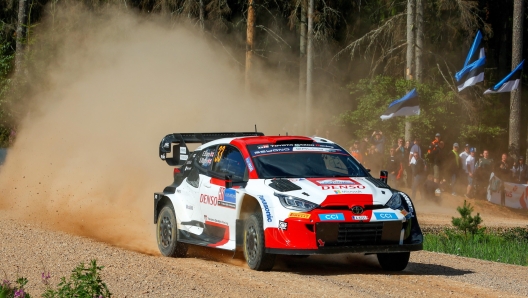 epa10758130 Elfyn Evans of Great Britain drives his TOYOTA GR Yaris Rally 1 during the shakedown of the Rally Estonia 2023, Tartu, Town Hall square, Estonia, 20 July 2023.  EPA/Andreas Delis / Reporter Images