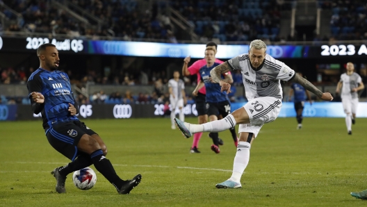 San Jose Earthquakes defender Carlos Akapo (29) blocks a shot against Toronto FC forward Federico Bernardeschi (10) during the second half of an MLS soccer match in San Jose, Calif., Saturday, March 25, 2023. (AP Photo/Josie Lepe)