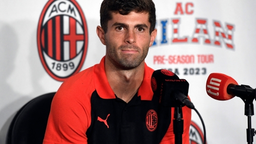 LOS ANGELES, CALIFORNIA - JULY 22: Christian Pulisic of AC Milan during a news conference after a training session at BMO Stadium on July 22, 2023 in Los Angeles, California.   Kevork Djansezian/Getty Images/AFP (Photo by KEVORK DJANSEZIAN / GETTY IMAGES NORTH AMERICA / Getty Images via AFP)