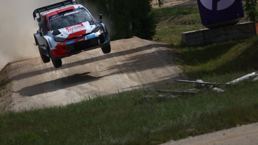 TALLINN, ESTONIA - JULY 22:  Kalle Rovanpera of Finland and Jonne Halttunen of Finland compete with their Toyota Gazoo Racing WRT Toyota GR Yaris Rally1 #69 during Day Three of the FIA World Rally Championship Estonia on July 22, 2023 in Tallinn, Estonia. (Photo by Massimo Bettiol/Getty Images)