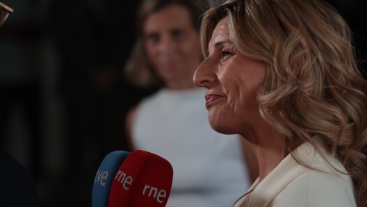 Madrid Spain; 07.19.2023.- Yolanda DÃ­az, candidate for the presidency of the SUMAR Movement, upon arrival at the facilities of TelevisiÃ³n EspaÃ±ola where the Debate to Three is taking place for the next elections on June 23. Photo: Juan Carlos Rojas