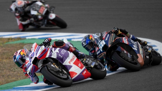 Ducati Spanish rider Jorge Martin (Front) rides ahead of Aprilia Portuguese rider Miguel Oliveira during the qualifying session of the MotoGP Spanish Grand Prix at the Jerez racetrack in Jerez de la Frontera on April 29, 2023. (Photo by JORGE GUERRERO / AFP)