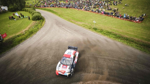 Toyota's British driver Elfyn Evans and co-driver Scott Martin drive during the shakedown of the WRC Rally Finland in Jyväskylä, Finland, on August 3, 2023. (Photo by Hannu Rainamo / Lehtikuva / AFP) / Finland OUT