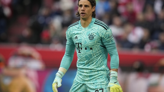 Bayern's goalkeeper Yann Sommer reacts during the German Bundesliga soccer match between Bayern Munich and 1899 Hoffenheim, at the Allianz Arena stadium in Munich, Germany, Saturday, April 15, 2023. (AP Photo/Matthias Schrader)