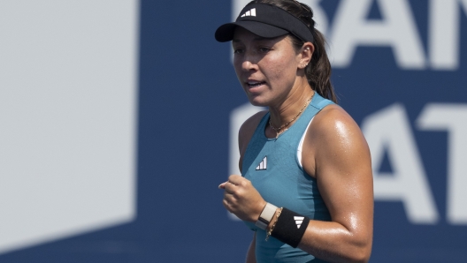 Jessica Pegula reacts during her game against Jasmine Paolini, of Italy, during the National Bank Open tennis tournament in Montreal, Thursday, Aug. 10, 2023. (Christinne Muschi/The Canadian Press via AP)