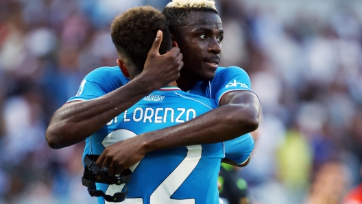 Victor Osimhen of Napoli celebrates with Giovanni Di Lorenzo after scoring 1-2 goal during the Serie A soccer match between Frosinone Calcio and SSC Napoli at Benito Stirpe stadium in Frosinone, Italy, 19 August 2023. ANSA/FEDERICO PROIETTI