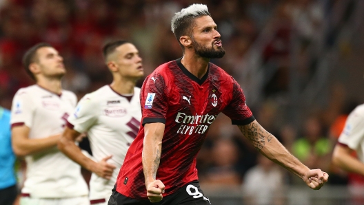 Foto Spada/LaPresse 26 Agosto 2023 - Milano  , Italia - sport, calcio - Ac Milan vs Torino   - Campionato italiano di calcio Serie A TIM 2023/2024 - Stadio San Siro.  Nella foto: esultanza dopo il gol 4-1 Olivier Giroud (AC Milan); August 26  , 2023 Milan  , Italy - sport, calcio - Milan vs Torino  - Serie A Football Championship 2023/2024 - San Siro Stadium . In the pic : cekebrates after scoring  4-1 Olivier Giroud (AC Milan);