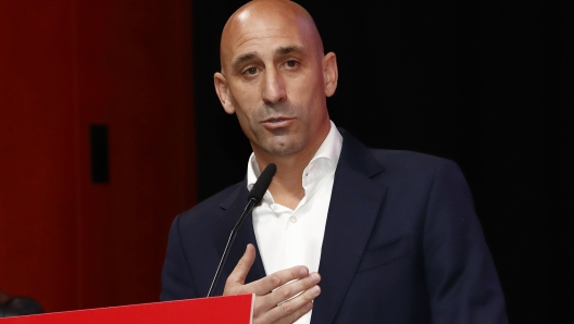 The president of the Spanish soccer federation Luis Rubiales speaks during an emergency general assembly meeting in Las Rozas, Friday Aug. 25, 2023. Rubiales has refused to resign despite an uproar for kissing a player, Jennifer Hermoso on the lips without her consent after the Women's World Cup final. Rubiales had also grabbed his crotch in a lewd victory gesture from the section of dignitaries with Spain's Queen Letizia and the 16-year old Princess Sofía nearby. (Real Federación Española de Fútbol/Europa Press via AP)