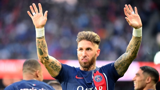 Paris Saint-Germain's Spanish defender Sergio Ramos celebrates scoring his team's first goal during the French L1 football match between Paris Saint-Germain (PSG) and Clermont Foot 63 at the Parc des Princes Stadium in Paris on June 3, 2023. (Photo by FRANCK FIFE / AFP)