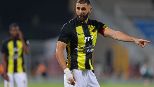 Ittihad's French forward #09 Karim Benzema reacts during the Saudi Pro League football match between Al-Ittihad and Al-Riyadh at the Prince Faisal Bin Fahd stadium in Riyadh on August 24, 2023. (Photo by Fayez NURELDINE / AFP)