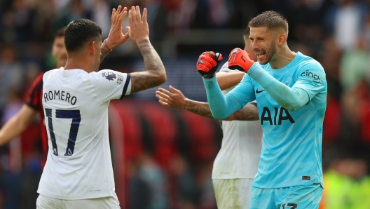 BOURNEMOUTH, ENGLAND - AUGUST 26: Cristian Romero and Guglielmo Vicario of Tottenham Hotspur celebrate following the team's victory in the Premier League match between AFC Bournemouth and Tottenham Hotspur at Vitality Stadium on August 26, 2023 in Bournemouth, England. (Photo by Luke Walker/Getty Images)