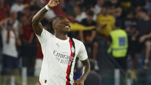 AC Milan's Rafael Leao celebrates after scoringduring the Italian Serie A soccer match between AS Roma and AC Milan at the Olimpico stadium in Rome, Italy, 01 September 2023. ANSA/FABIO FRUSTACI