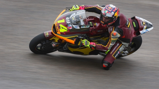 Kalex Elf Marc VDS Racing Team's Italian rider Tony Arbolino steers his motorbike during the Moto2 second free practice for the MotoGP German motorcycle Grand Prix at the Sachsenring racing circuit in Hohenstein-Ernstthal near Chemnitz, eastern Germany, on June 16, 2023. (Photo by Ronny Hartmann / AFP)