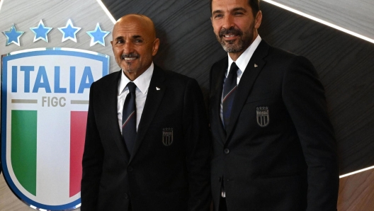 Italy's national soccer team head coach Luciano Spalletti (C) Italian national soccer FA President Gabriele Gravina (L) and Gianluigi Buffon (R) attends a press conference in Coverciano in Florence, Italy, 2 September 2023 ANSA/CLAUDIO GIOVANNINI