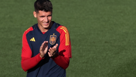 Spain's captain Alvaro Morata attends a training session at the Ciudad del Futbol training facilities in Las Rozas de Madrid on September 4, 2023. Spain's men football team rejected today the "unacceptable behavior" of the suspended president of the Spanish football federation, Luis Rubiales, with his forced kiss on the player Jenni Hermoso. Morata, accompanied by the other three captains of the team, read the supporting letter for the women team before attending a training session, at the Ciudad del Futbol de Las Rozas, near Madrid. (Photo by Pierre-Philippe MARCOU / AFP)