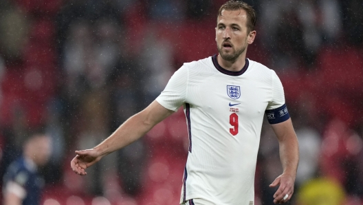 England's Harry Kane gestures during the Euro 2020 soccer championship group D match between England and Scotland at Wembley stadium in London, Friday, June 18, 2021. (AP Photo/Frank Augstein, Pool)