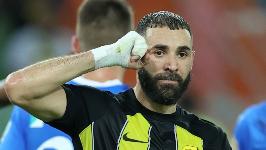 Ittihad's French forward #09 Karim Benzema reacts during the Saudi Pro League football match between Al-Ittihad and Al-Hilal at Prince Abdullah al-Faisal Stadium in Jeddah on September 1, 2023. (Photo by AFP)