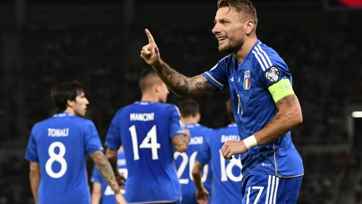 Foto Fabio Ferrari/LaPresse 9 Settembre 2023 - Skopje, Macedonia - sport, calcio - Macedonia Vs Italia - Qualificazioni Euro 2024 - Group C - National Arena Todor Proeski. Nella foto: Ciro Immobile (Italy) esulta dopo la rete del 0-1  September 9, 2023 Skopje, Macedonia - sport, soccer - North Macedonia Vs Italy -European Qualifiers 2024-Group C-National Arena Todor Proeski.In the pic: Ciro Immobile (Italy) celebrate goal 0-1