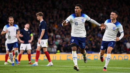 GLASGOW, SCOTLAND - SEPTEMBER 12: Jude Bellingham of England celebrates with teammate Phil Foden after scoring the team's second goal during the 150th Anniversary Heritage Match between Scotland and England at Hampden Park on September 12, 2023 in Glasgow, Scotland. (Photo by Stu Forster/Getty Images)