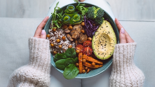 Healthy eating. Plate with vegan or vegetarian food. Healthy plant based diet. Healthy dinner. Buddha bowl with fresh vegetables. High quality photo