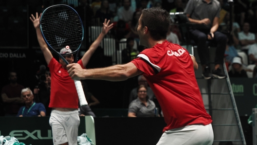 Foto Michele Nucci/LaPresse  16 Settembre 2023 - Bologna, Italia - sport, tennis - Canada vs Cile - finale gruppo A - Alexis Galarneau (CAN) vs. Alejandro Tabilo (CHI) - Coppa Davis 2023 - Unipol Arena. Nella foto: Alexis Galarneau esulta per la vittoria   Photo Michele Nucci/LaPresse - September 16, 2023 Bologna, Italy - sport, tennis -  Canada vs. Chile - Finals group A - Alexis Galarneau (CAN) vs. Alejandro Tabilo (CHI) - Davis Cup 2023 - Unipol Arena. In the pic: Alexis Galarneau jubilates for the victory