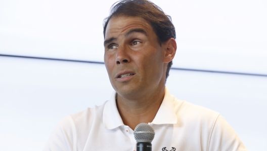 FILE - Spain's Rafael Nadal speaks during a news conference at his tennis academy in Manacor, Mallorca, Spain, Thursday May 18, 2023. Nadal had arthroscopic surgery on Friday, June 2, 2023, for the injured left hip flexor that forced him to sit out the French Open for the first time since he won the first of his record 14 titles there in his 2005 tournament debut. (AP Photo/Francisco Ubilla, File)