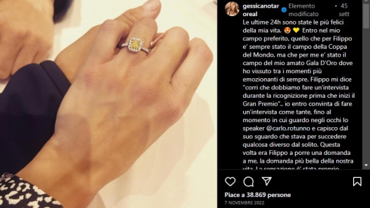 Il post di Gessica Notaro su Instagram, 19 settembre 2023. Matrimonio da favola, nella sontuosa Reggia di Venaria Reale, per Gessica Notaro, l'ex miss Romagna che sei anni fa era stata sfregiata dall'ex che le aveva lanciato acido sul volto. Come riportano alcuni quotidiani, la donna ha sposato con un rito civile Filippo Bologni, 27 anni, riminese campione di equitazione che aveva conosciuto qualche anno fa a Verona a una fiera di cavalli. Nel giardino della Reggia, residenza sabauda riconosciuta dall'Unesco, gli sposi - lui arrivato a cavallo lei su una carrozza d'epoca trainata da quattro cavalli bianchi - 500 invitati per una cerimonia durata fino a notte fonda nelle auliche sale della Reggia, alle porte di Torino. Gessica Notaro indossava un abito bianco con un lunghissimo strascico, bianco anche il carpet steso nel giardino della Reggia.   NPK   Instagram / Gessica Notaro  +++ATTENZIONE LA FOTO NON PUO' ESSERE PUBBLICATA O RIPRODOTTA SENZA L'AUTORIZZAZIONE DELLA FONTE DI ORIGINE CUI SI RINVIA+++   +++NO SALES; NO ARCHIVE; EDITORIAL USE ONLY+++