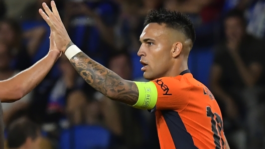 Inter Milan's Lautaro Martinez celebrates after scoring his side's first goal during a Group D Champions League soccer match between Real Sociedad and Inter Milan at the Real Arena stadium in San Sebastian, Spain, Wednesday, Sept. 20, 2023. (AP Photo/Alvaro Barrientos)