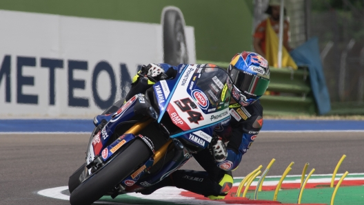 IMOLA, ITALY - JULY 14: Toprak Razgatlioglu of Turkey and Pata Yamaha Promoteon WorldSBK rounds the bend during day one of the 2023 MOTUL FIM Superbike World Championship -  Prometeon Italian Round on July 14, 2023 in Imola, Italy. (Photo by Mirco Lazzari gp/Getty Images)