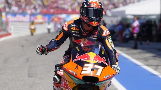 Pedro Acosta of Spain and Red Bull KTM Ajo celebrate the victory of Moto2 Race of the MotoGP Of San Marino e della Riviera di Rimini at Marco Simoncelli Circuit on September 10 2023 in Misano Adriatico, Italy. ANSA/DANILO DI GIOVANNI