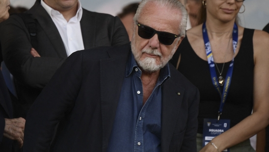 Napoli's President Aurelio De Laurentiis is seen in the stands during the Italian Serie A football match Frosinone vs Napoli at the Benito Stirpe stadium in Frosinone, on August 19, 2023. (Photo by Filippo MONTEFORTE / AFP)