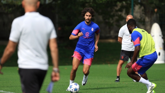 CAIRATE, ITALY - SEPTEMBER 17: Yacine Adli of AC Milan in action during an AC Milan training session at Milanello on September 17, 2023 in Cairate, Italy. (Photo by Giuseppe Cottini/AC Milan via Getty Images)