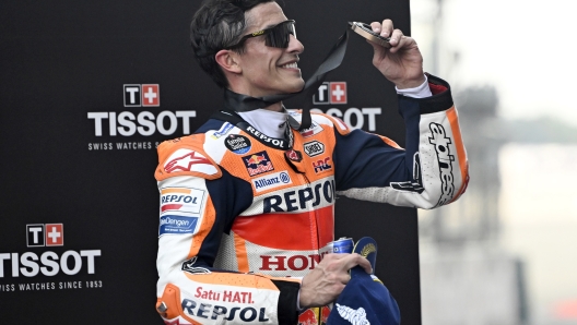 DELHI, INDIA - SEPTEMBER 23: Marc Marquez of Spain and Repsol Honda Team celebrates after winning the third place of the sprint race of the Indian MotoGP Grand Prix at the Buddh International Circuit on September 23, 2023 in Delhi, India. (Photo by Prakash Singh/Getty Images)