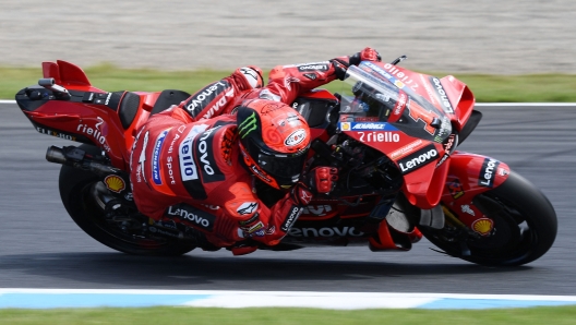 Ducati Lenovo Team rider Francesco Bagnaia of Italy rides his motorcyle during the MotoGP class free practice session of the Japanese MotoGP Grand Prix at the Mobility Resort Motegi in Motegi, Tochigi prefecture on September 29, 2023. (Photo by Toshifumi KITAMURA / AFP)