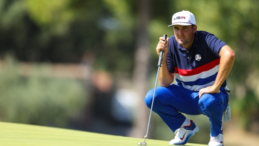 ROME, ITALY - SEPTEMBER 27: Scottie Scheffler reads his putt on the sixth hole during the Ryder Cup at Marco Simone Golf & Country Club on Wednesday, September 27, 2023 in Rome, Italy. (Photo by Maddie Meyer/PGA of America via Getty Images)