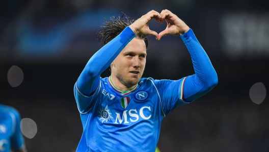 NAPLES, ITALY - OCTOBER 03:  Piotr Zielinski of Napoli celebrates after scoring the first goal of Napoli during the UEFA Champions League match between XX and XX at Stadio Diego Armando Maradona on October 03, 2023 in Naples, Italy. (Photo by SSC NAPOLI/SSC NAPOLI via Getty Images)