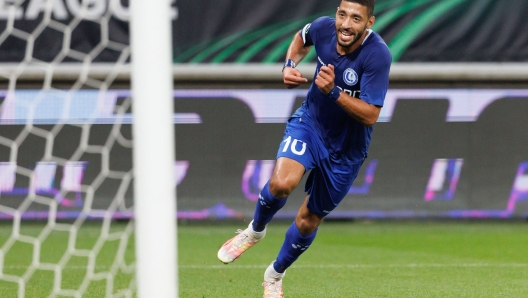 Gent's Tarik Tissoudali celebrates after scoring a goal during the Conference League football game between KAA Gent and Maccabi Tel Aviv, in Gent, on October 5, 2023. (Photo by KURT DESPLENTER / Belga / AFP) / Belgium OUT