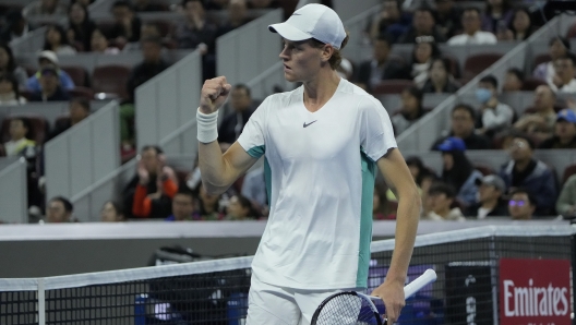 Jannik Sinner of Italy reacts after scoring a point against Daniil Medvedev of Russia during the men's singles final match in the China Open tennis tournament at the Diamond Court in Beijing, Wednesday, Oct. 4, 2023. (AP Photo/Andy Wong)