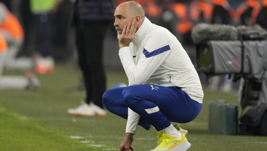 Marseille's head coach Igor Tudor reacts during the French League One soccer match between Marseille and Auxerre at the Velodrome stadium in Marseille, France, Sunday, April 30, 2023. (AP Photo/Daniel Cole)