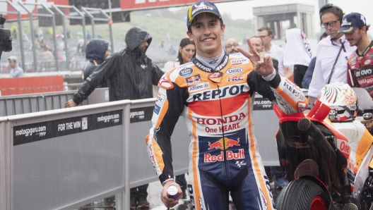 MOTEGI, JAPAN - OCTOBER 01: Marc Marquez of Spain and Repsol Honda Team celebrates the third place under the podium during the MotoGP race during the MotoGP of Japan - Race at Twin Ring Motegi on October 01, 2023 in Motegi, Japan. (Photo by Mirco Lazzari gp/Getty Images)