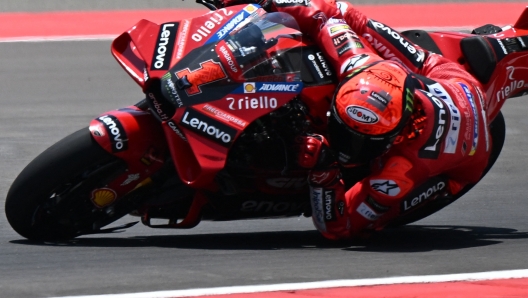 Ducati Lonovo Team's Italian rider Francesco Bagnaia rides during the free practice session of the Indonesian MotoGP at the Mandalika International Circuit in Kuta Mandalika, Central Lombok, on October 13, 2023. (Photo by Sonny TUMBELAKA / AFP)