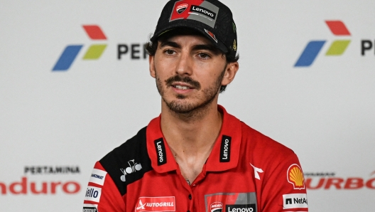 Ducati Lenovo Team rider Francesco Bagnaia of Italy speaks during a press conference ahead of the MotoGP Indonesian Grand Prix at the Mandalika International Circuit in Kuta Mandalika, Central Lombok, on October 12, 2023. (Photo by Sonny TUMBELAKA / AFP)