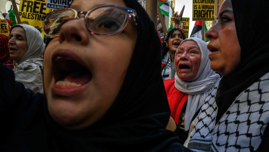 People demonstrate in support of Palestinians in New York City on October 13, 2023. Thousands of Palestinians fled to southern Gaza in search of refuge on October 14, 2023 after Israel warned them to evacuate before an expected ground offensive against Hamas in retaliation for the deadliest attack in Israel's history. (Photo by Ed JONES / AFP)