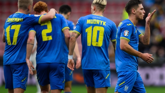 epa10918704 Georgiy Sudakov of Ukraine celebrates a goal during the UEFA EURO 2024 group C qualification round match between Ukraine and North Macedonia in Prague, Czech Republic, 14 October 2023.  EPA/VLASTIMIL VACEK