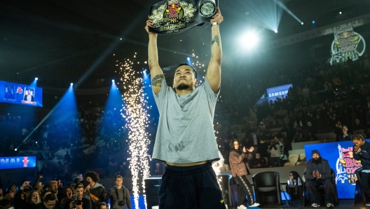 Hong Ten of Korea celebrates his victory of the Red Bull BC One World Final at Court Philippe-Chatrier, Roland Garros in Paris, France on October 21, 2023. // Little Shao / Red Bull Content Pool // SI202310210372 // Usage for editorial use only //