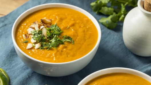 Homemade Thai Sweet Potato Soup with Cilantro and Almonds