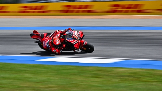 Ducati Lenovo Teams Italian rider Francesco Bagnaia rides his bike during the first free practice session of the MotoGP Thailand Grand Prix at the Buriram International Circuit in Buriram on October 27, 2023. (Photo by Lillian SUWANRUMPHA / AFP)