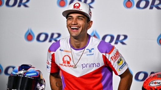 Prima Pramac Racings Spanish rider Jorge Martin reacts during a press conference before the MotoGP Thailand Grand Prix at the Buriram International Circuit in Buriram on October 26, 2023. (Photo by Lillian SUWANRUMPHA / AFP)